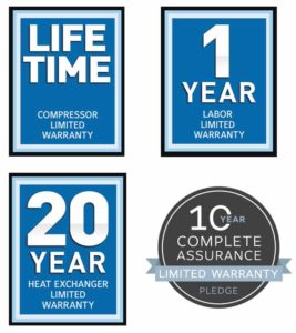 York HVAC Lifetime compressor 1 year labor 20 year heat exchanger and 10 year complete assurance logos