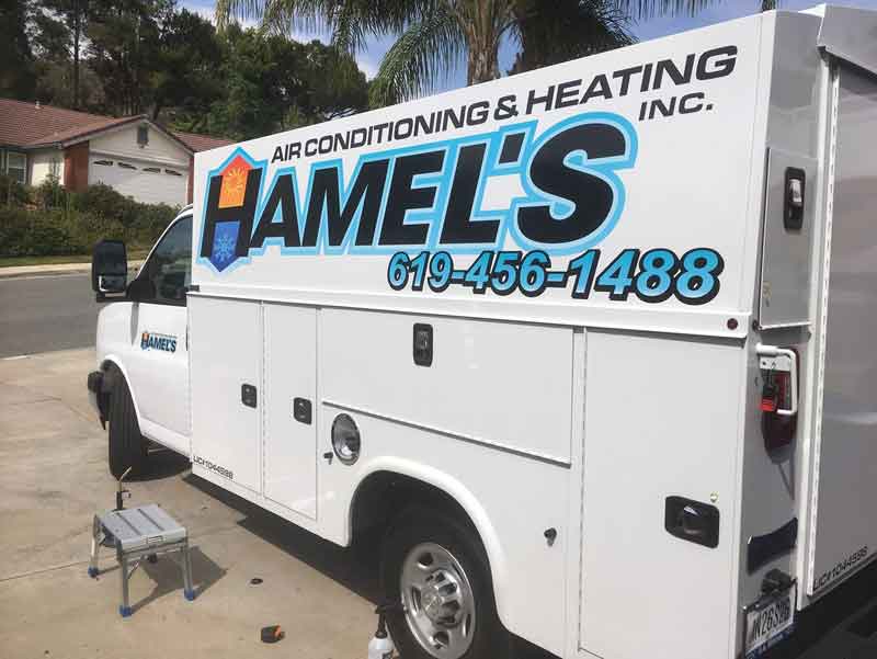 San Diego floor heating service truck with hamels logo on side